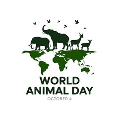 World Animal Day graphic with elephants deer and birds on a green world map october 4 animals