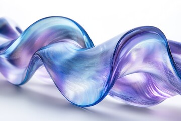 A flowing, translucent glass sculpture in shades of blue and purple, creating a wave-like form.