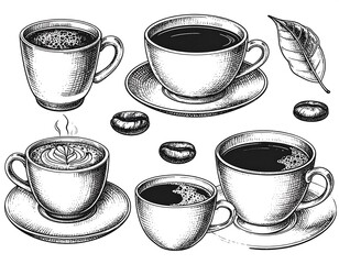 Hand-drawn illustrations of coffee cups and coffee beans