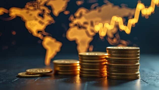 Gold coins stacked in ascending piles against blurred world map background with glowing financial chart overlay. Represents global economic trends, investment growth, market analysis. Concept of