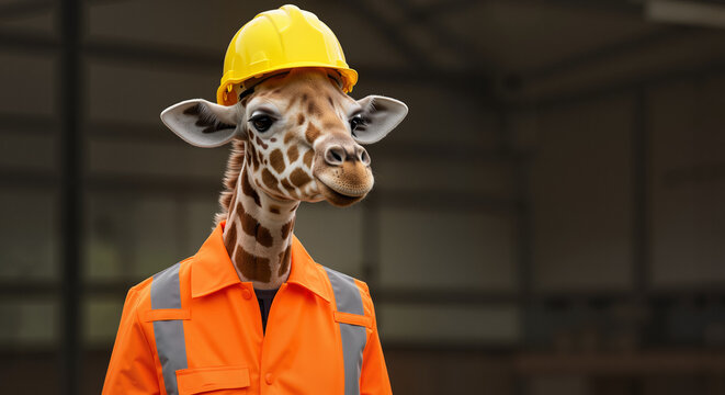 Giraffe wearing bright orange workwear and yellow helmet in warehouse - Concept of Workwear and work equipment outside the usual context - B2B marketing  
