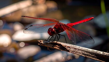 Close-up of vibrant red dragonfly perched on a branch