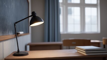 Elegant Desk Lamp with Soft Glow Illuminating a Cozy Study Area in a Classroom Setting