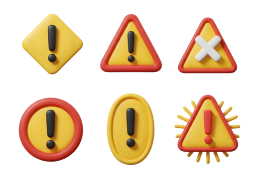 Collection of six 3d rendered warning signs with exclamation marks and other symbols indicating alerts danger and caution information for safety notices Tansparent Background