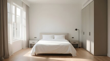 Natural light modern bedroom interior with plants, white bed, soft curtains, wood flooring – cozy minimalist space for hotel, home, or Airbnb design use