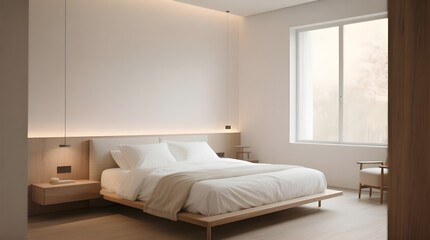 Minimalist modern bedroom interior with natural light, wooden floor, white bed, cozy decor, and warm atmosphere – perfect for real estate, hotel, Airbnb, or home design inspiration