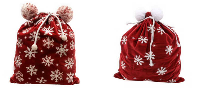 Two red santa sacks with snowflake pattern and pompoms, isolated on transparent background