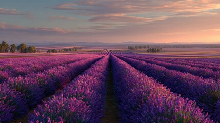 Obraz premium Serene Lavender Fields at Sunrise - Provence, France, Vibrant Purple Hues.