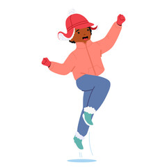 Funny boy child cartoon character wearing winter clothes and warm red hat jumping up in air