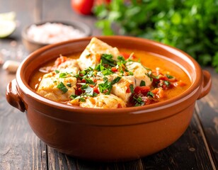Hearty fish stew in a rustic bowl