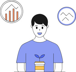 Person with plant and financial growth icons on white background male seedling