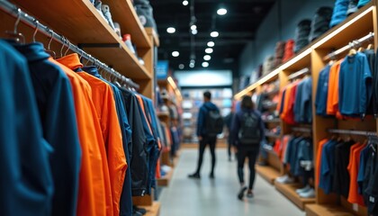 Sports store interior, clothing racks with orange, blue apparel. Shoppers walk through aisles, looking at merchandise. Focus on retail environment, security, product display. Modern store layout.