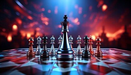 3d rendering of a chessboard with black and silver chess pieces the background is a blurred out glowing red and blue