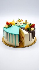 Colorful layered cake with fruit toppings