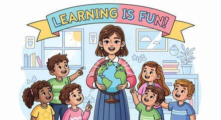 Joyful teacher shares world with eager children, learning is fun classroom scene