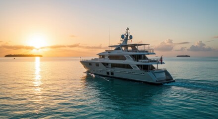 Naklejka premium Luxury yacht sails on calm turquoise sea at sunset a tranquil scene embodying adventure and opulent travel in a tropical paradise