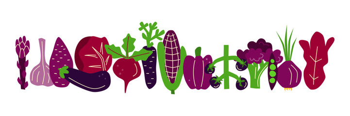 Horizontal banner with cute hand drawn flat purple vegetables isolated on white background. Violet vitamin food in modern style. Autumn harvest farm festival. Healthy vegetarian nutrition.