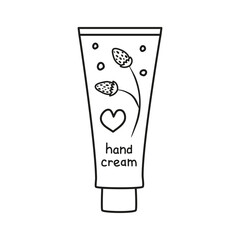 Cute hand drawn outline hand cream in tube with strawberries isolated on white background. Doodle cosmetic product.