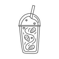 Cute hand drawn outline strawberry milkshake or smoothie isolated on white background.