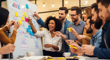 Excited diverse business team collaborating on a creative project, brainstorming strategy with sticky notes on a whiteboard in a modern office