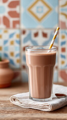 Retro style kitchen counter with chocolate milk drink and tiled background for vintage decor inspiration