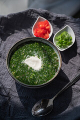 Traditional Russian lunch in a cafe. Top view of okroshka. 
