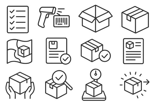 Order Fulfillment Icons. Line style icons of order fulfillment process: pick list, scanned product, package ready, sealed box;
