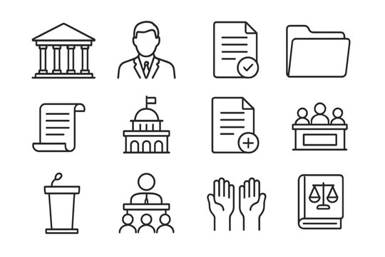 Public Law Icons. Line style icons of public law and government: government building, lawmaker icon, policy document, legislative