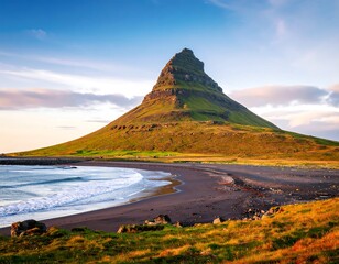 Dramatic volcanic peak, dramatic ocean waves, idyllic landscape