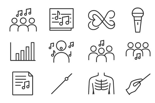 Choir and Vocal Icons. Line style icons of choir and vocals: group singing icon, vocal sheet, harmony symbol, solo mic; voice