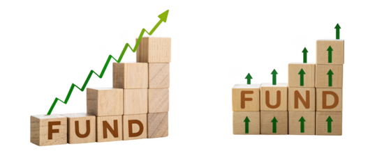 Wooden blocks spelling fund with green arrows indicating growth, isolated on transparent background