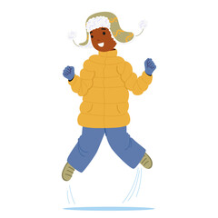 Joyful funny boy child cartoon character dressed in winter apparel warm clothing and cute hat