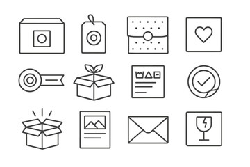 Packaging Line Icons. Line style icons of packaging and branding: branded box, logo label, tissue wrap, thank you card; custom