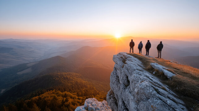 Adventurous hikers observing sunrise from majestic cliff overlooking scenic valley