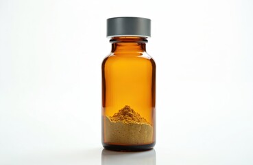 Amber glass vial with medicine powder, isolated on white. Brown powdered substance in transparent container with grey cap. Health care, pharmaceutical, laboratory, scientific research for treatments,