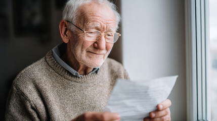 Elderly veteran reading a letter from a comrade beside window for nostalgic reflection