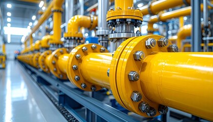 Industrial facility section with large yellow pipelines connected by flanges and bolts, mounted on a blue structural framework in a clean, well-lit environment—highlighting modern fluid or gas transpo