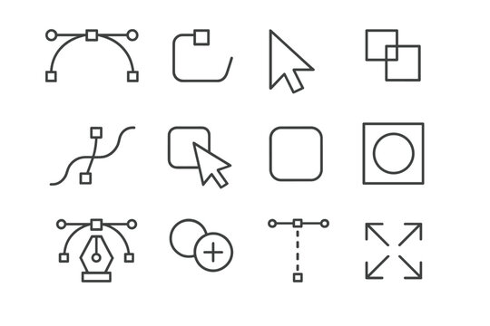 Vector Editing Tools. Line style icons of vector editing: bezier curve, anchor point, direct selection, pathfinder; join path,