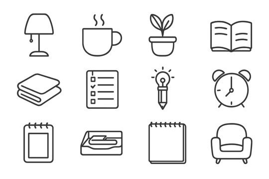 Relaxed Workspace Items. Line style icons of relaxation-enhanced workflow: minimalist lamp, warm mug, botanical pot, storybook; - Powered by Adobe