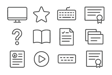 School Tech Icons. Line style icons of school and tech design: computer display, start icon, keyboard layout, course certificate;