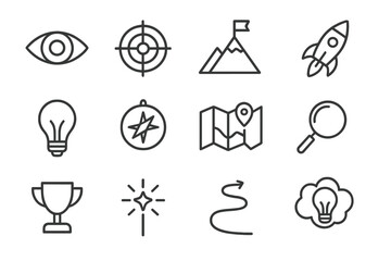 Vision and Focus Icons. Line style icons of focus and vision: eye, target, mountain flag, rocket; light bulb, compass, map,