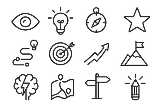 Visionary Thinking Icons. Line style icons of visionary thinking: eye, light bulb, compass, achievement star; idea trail, target,
