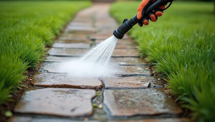 Person wearing gloves uses power washer to clean stone pathway between green lawns. Water jet sprays dirt and grime, refreshing outdoor surfaces. Garden maintenance and home improvement task.