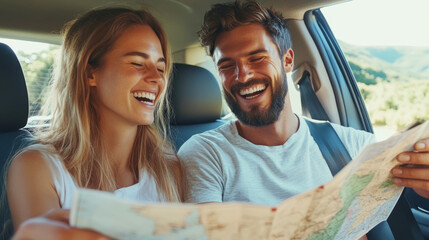 Happy couple laughing inside car while holding a map, perfect for road trip planning and adventure inspiration