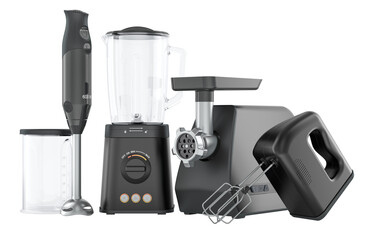 Set of modern kitchen appliances. Blender, hand mixer, meat grinder and immersion blender. 3D rendering