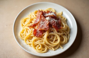 Classic spaghetti carbonara featuring creamy sauce, crispy pancetta on white plate. Neutral beige background provides ample copy space. Italian noodle dish, perfect for culinary content, recipe