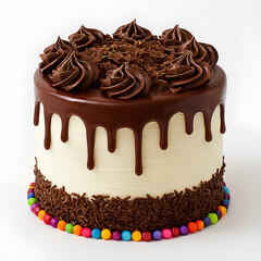 Decorated Chocolate Drip Cake with Frosting Swirls and Candy Border on White Background