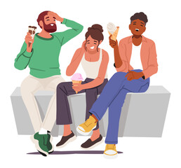 Overjoyed friends eating ice-cream enjoying nice conversation laughing from jokes isolated on white