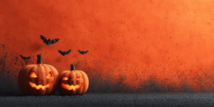 Prosty i elegancki baner na Halloween. Dwie dynie z rzeźbionymi, upiornymi twarzami na tle pomarańczowej ściany. W oddali czarne sylwetki nietoperzy.