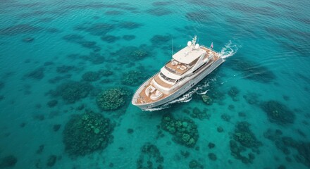 Fototapeta premium Luxury yacht sails over vibrant turquoise ocean waters revealing coral reefs a tropical paradise perfect for exotic vacations and coastal explorations